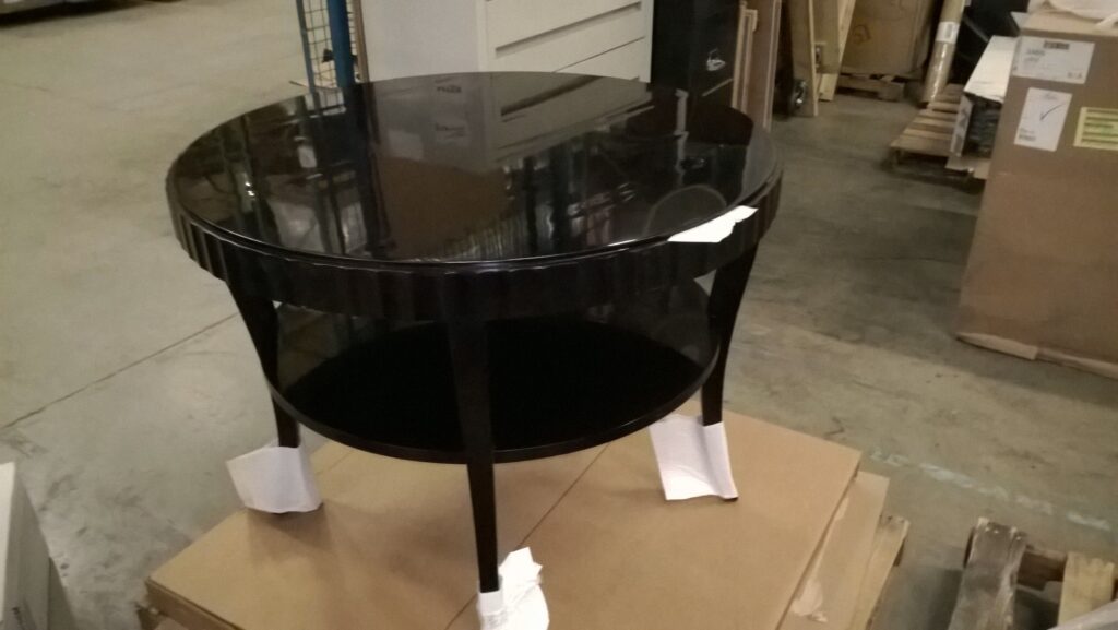 Barbara Barry for Baker fluted edge entry table — restored and staged in warehouse prior to client delivery