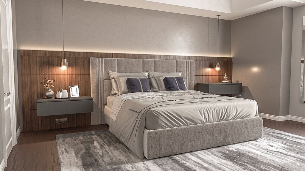 Upholstered bedroom wall panels behind a coordinated bed frame