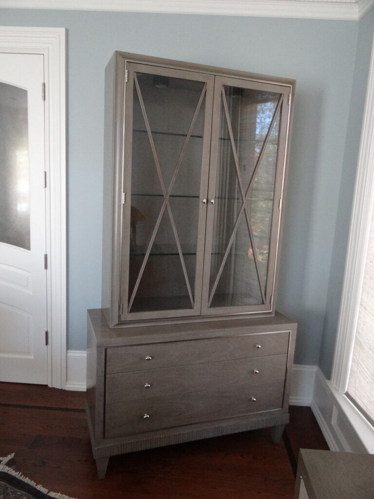 Barbara Barry for Baker breakfront sideboard after in‑home repair, with touch‑ups completed and doors aligned, photographed installed in the client’s home.