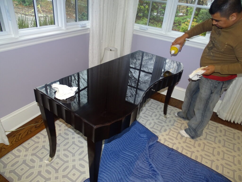 Barbara Barry for Baker dressing table photographed before restoration, showing additional wear and finish deterioration.
