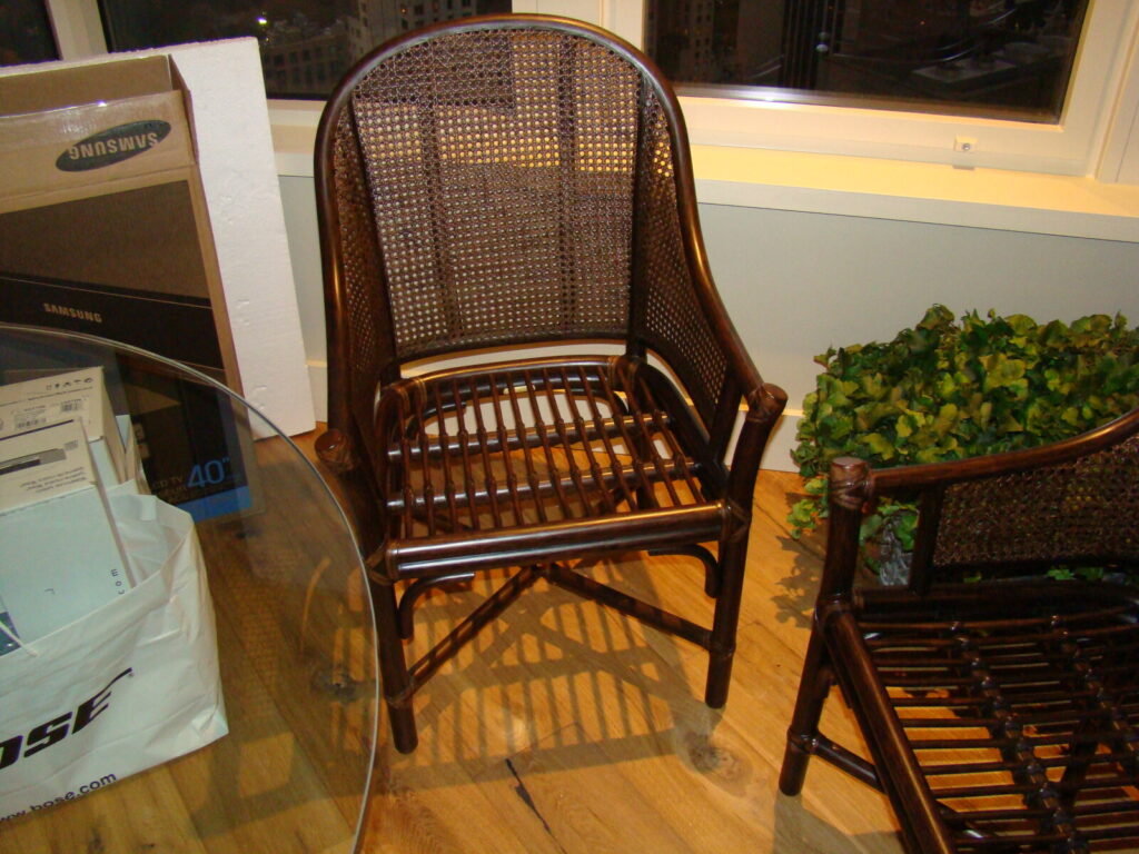 Restored McGuire cane seat side chair delivered to the client, shown fully refinished and completed after restoration