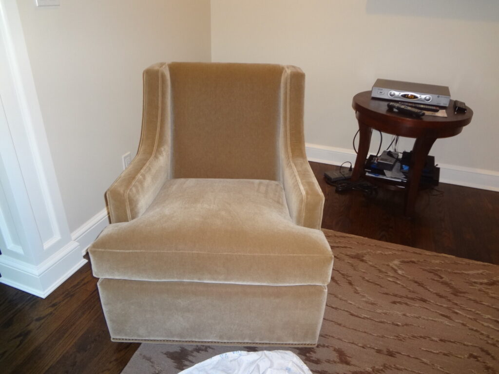 Baker beige upholstered armchair fully restored and delivered with updated upholstery detailing.