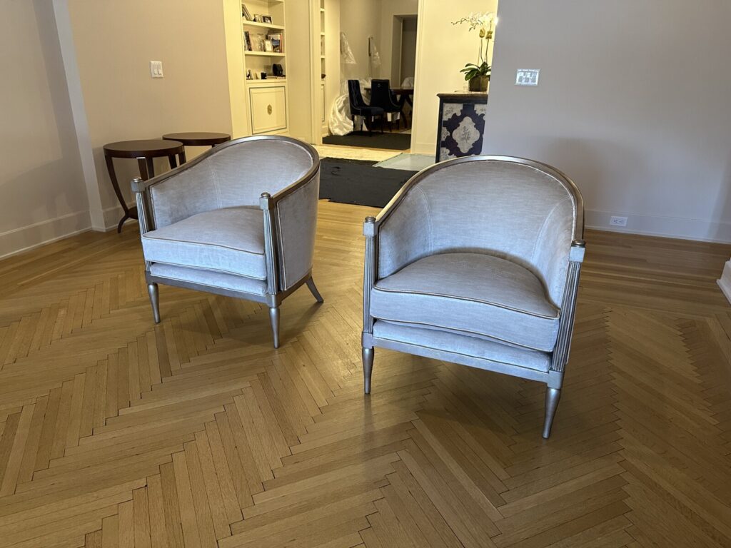 Baker Margeaux lounge chair with contrast piping upholstery after delivery.