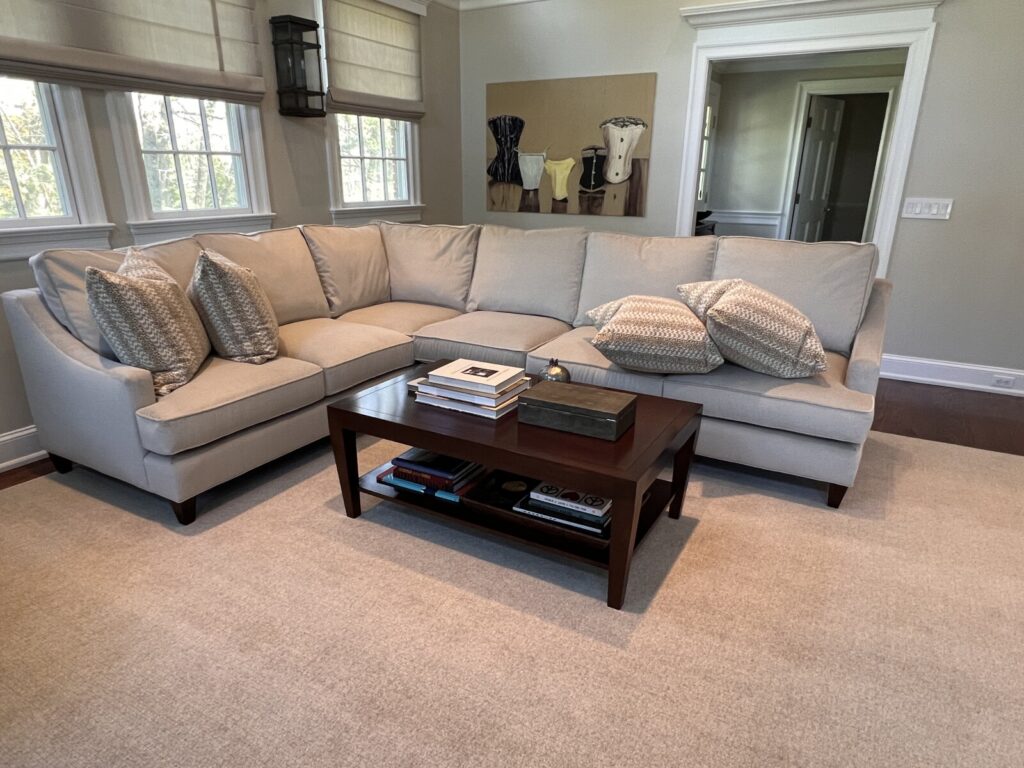 Bespoke luxury velvet sectional sofa restoration and fabrication, showcasing precision upholstery and artisan furniture design for a large-scale residential interior.