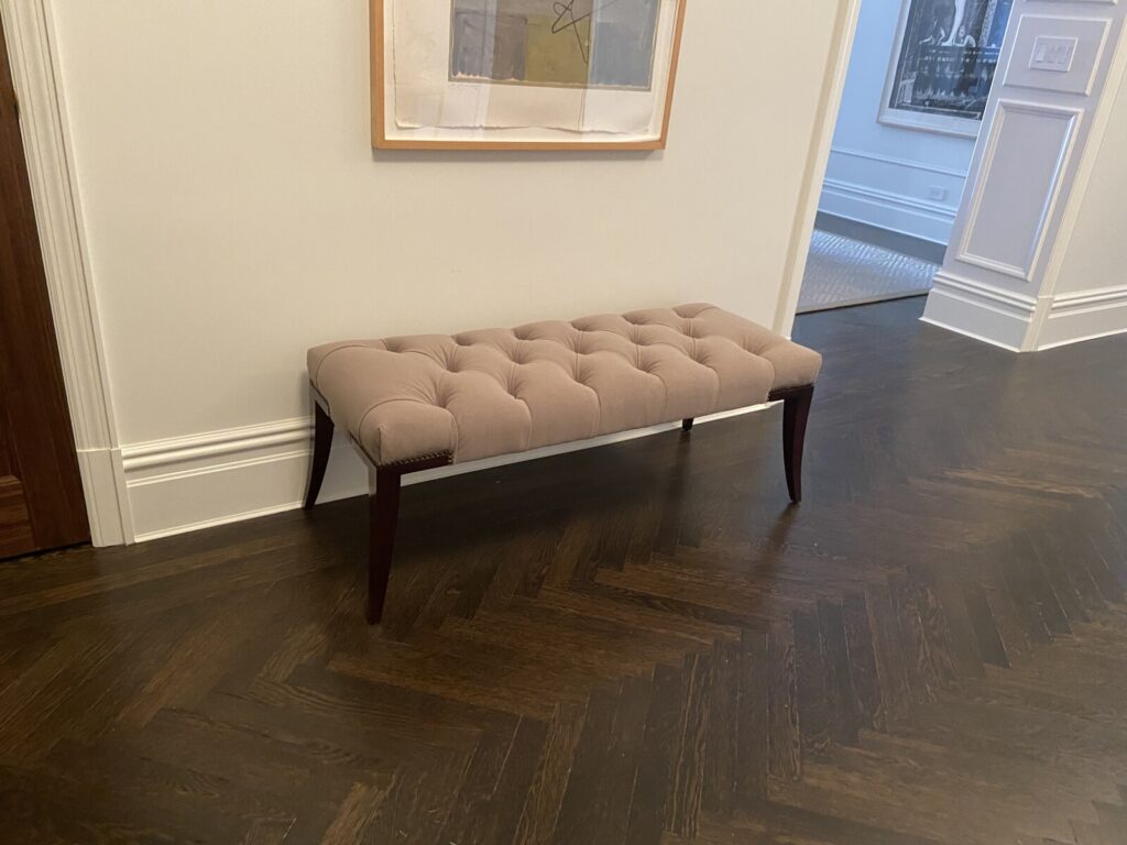 Baker Thomas Pheasant Adam bench with new upholstery shown after delivery.