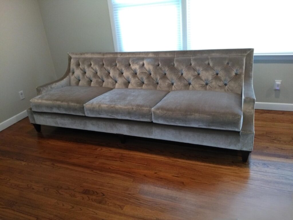 Baker Thomas Pheasant Max tufted sofa with new upholstery after delivery.