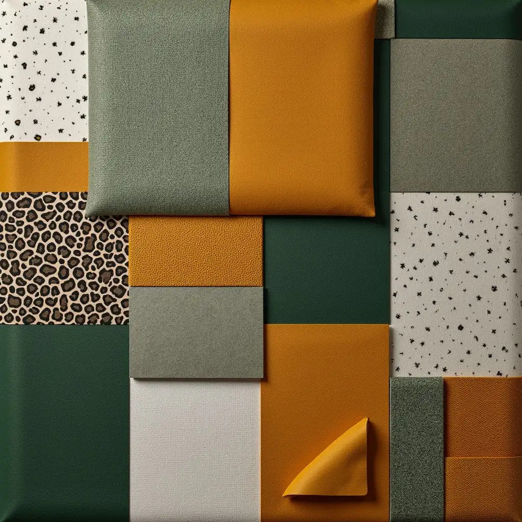 Grid of assorted leather swatches in various colors, textures, and patterns arranged on a flat surface.