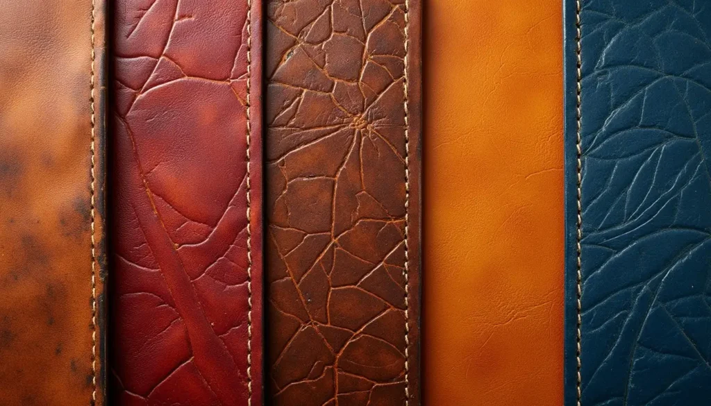 Vertical strips of textured leather in various colors and finishes arranged side by side.