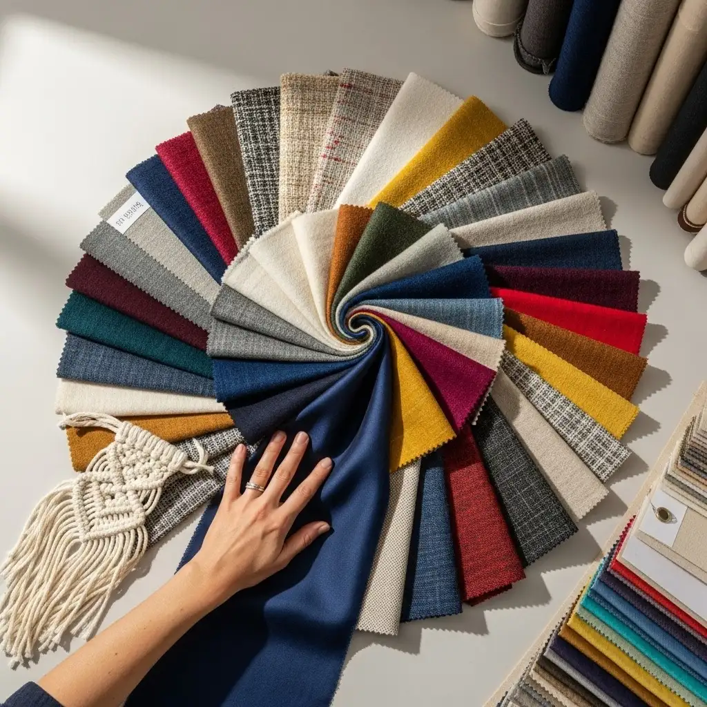 Circular display of assorted fabric swatches in varied colors and textures, with a hand selecting a navy sample.