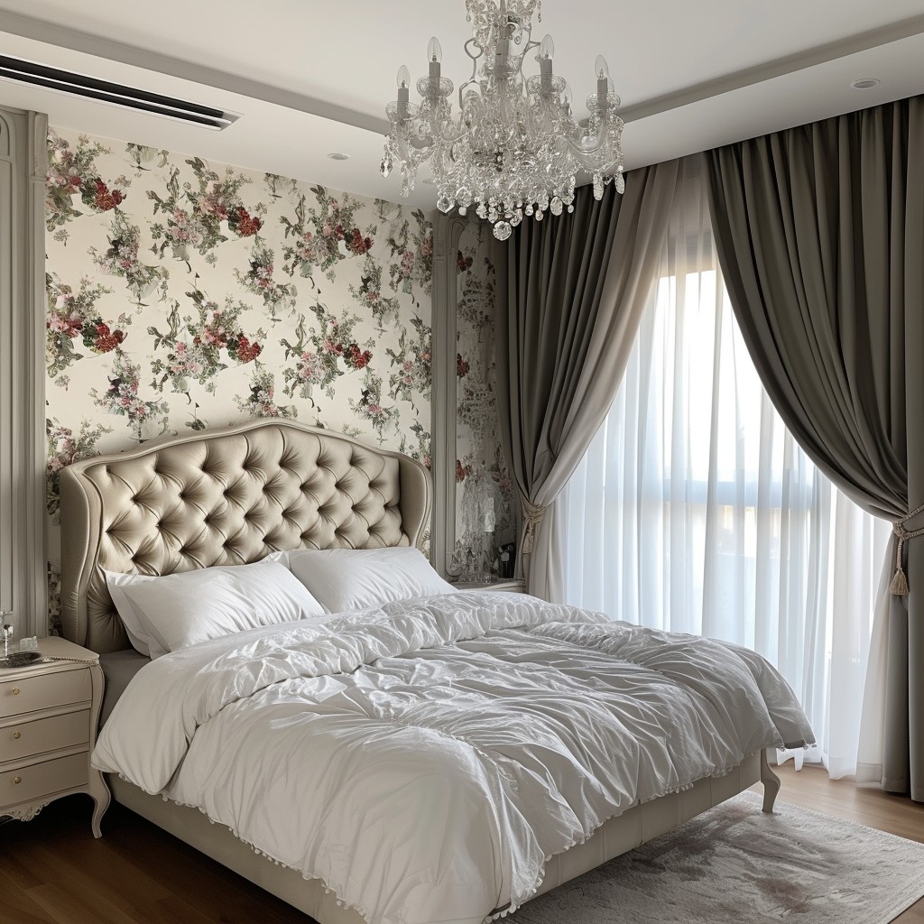 A beige diamond‑tufted headboard in a traditional bedroom with floral wallpaper, chandelier lighting, heavy drapes, and a neatly made white bed with layered pillows.