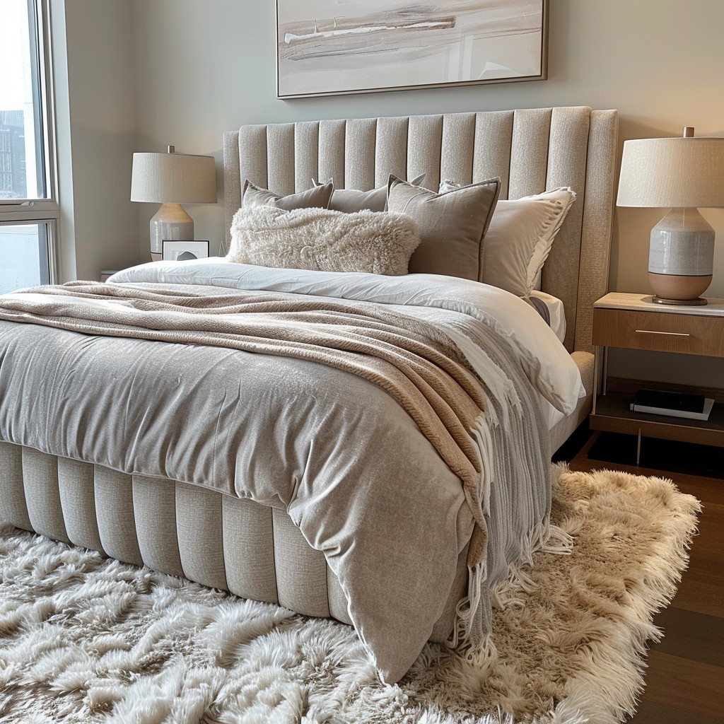 A beige scalloped headboard with soft rounded curves in a cozy bedroom featuring neutral bedding, layered blankets, a textured rug, a bedside lamp, and framed artwork above the bed.