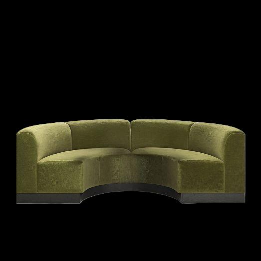 Curved olive‑green upholstered sectional sofa with low backrests and a black base.
