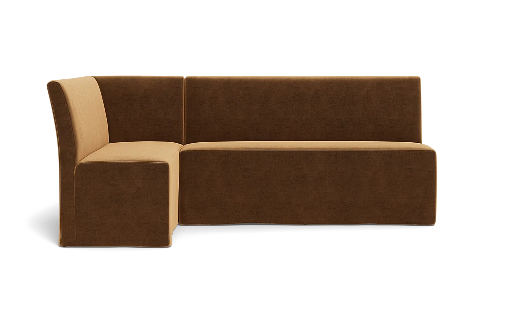 Custom L‑shaped upholstered banquette in two‑tone brown fabric with clean modern lines, shown against a black background.