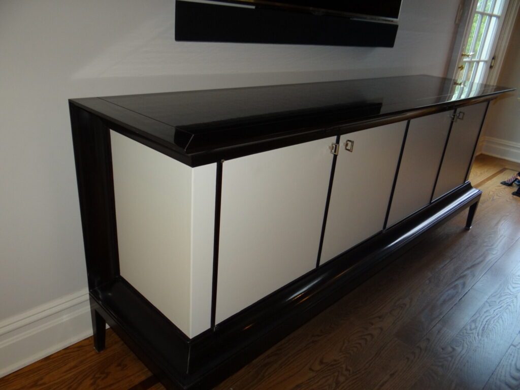 Baker modern long media credenza restored with detailed refinishing.