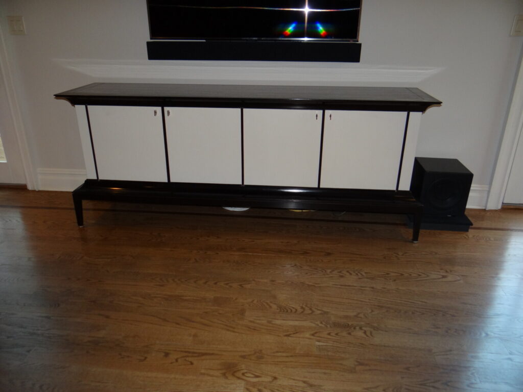 Baker H.L. Holland Moderna credenza restored with mahogany and white finish detailing.