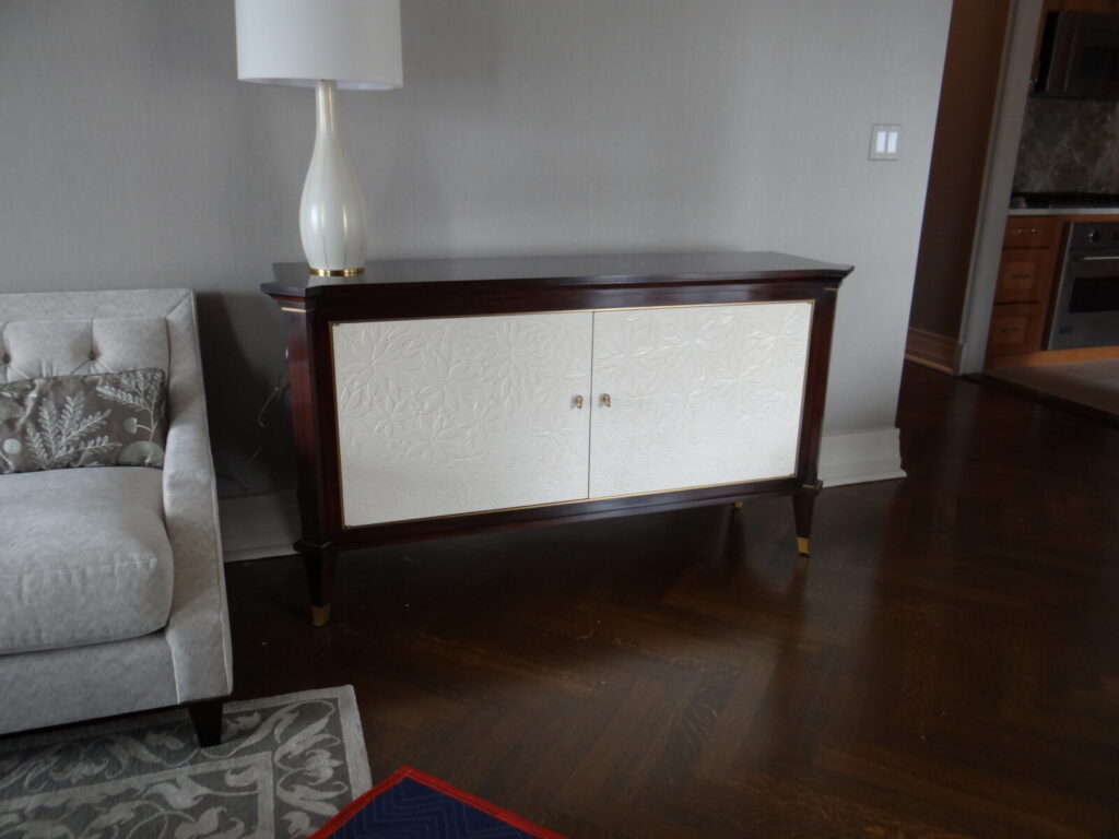 Baker Bill Sofield Le Panier credenza with white textured doors restored with detailed refinishing.