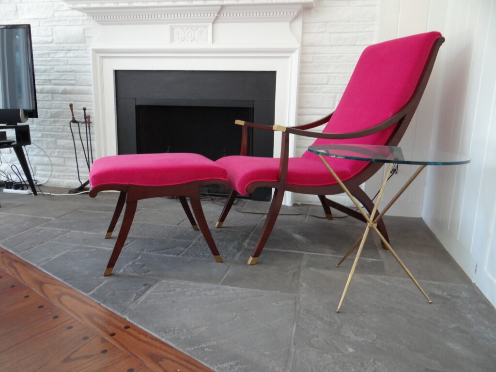 Restored Baker Paquebot chair and ottoman model 7348C by Florence de Dampierre with refined finish work.