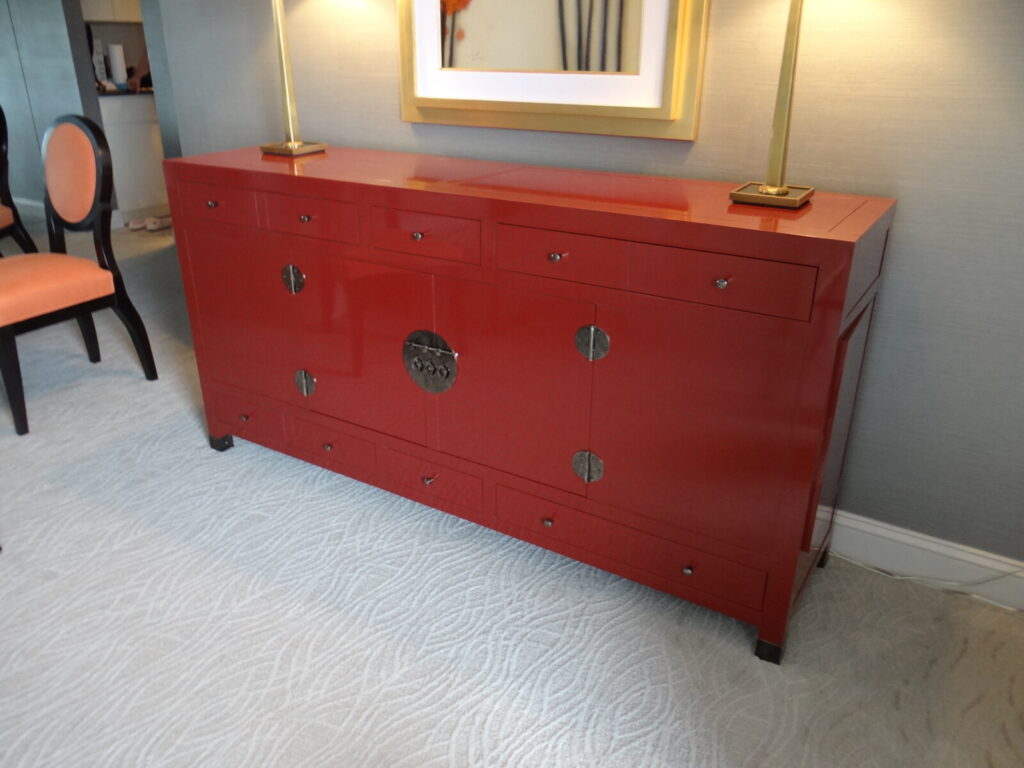 Baker red lacquer sideboard credenza restored with detailed refinishing.
