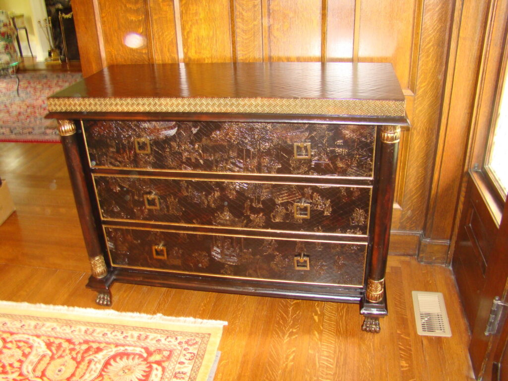 Baker Stately Homes L’Eau commode with chinoiserie japanning restored with detailed refinishing.