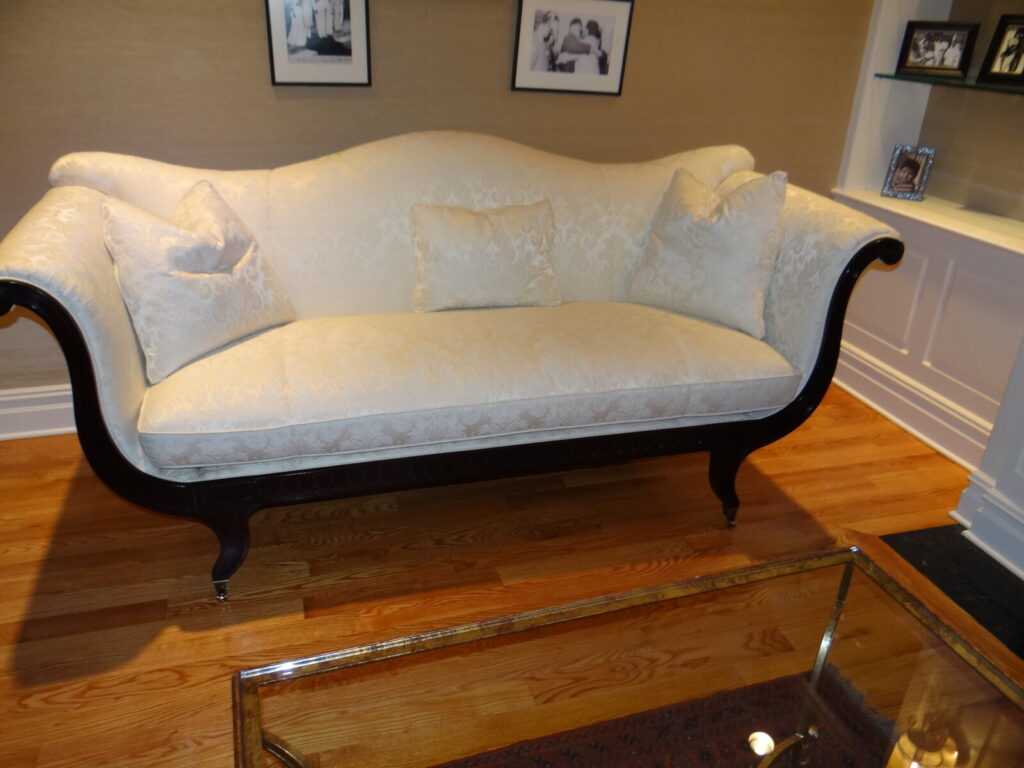 Baker Stately Homes Port Eliot sofa model BA6535S restored with custom upholstery detailing.