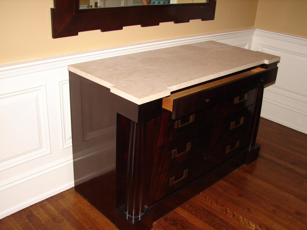 Baker Thomas Pheasant Athena chest with stone top and mahogany finish restored with detailed refinishing.