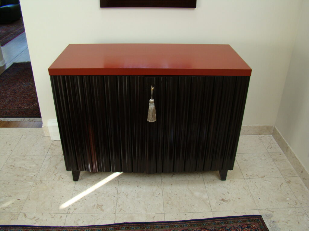Baker Thomas Pheasant Moderna credenza restored with ribbed finish detailing.