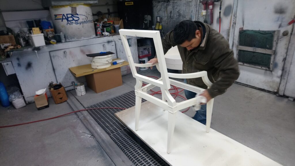 Custom wood chair frame refinishing and lacquer prep at first class mastercraft workshop serving nj and ny.