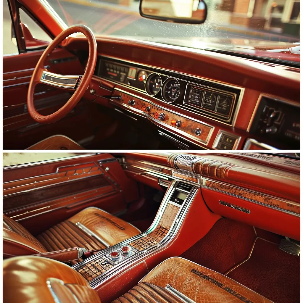 Two-panel view of a vintage car restoration, featuring a polished wood-grain dashboard with classic gauges and custom-fabricated tan leather seats with pleated detailing.