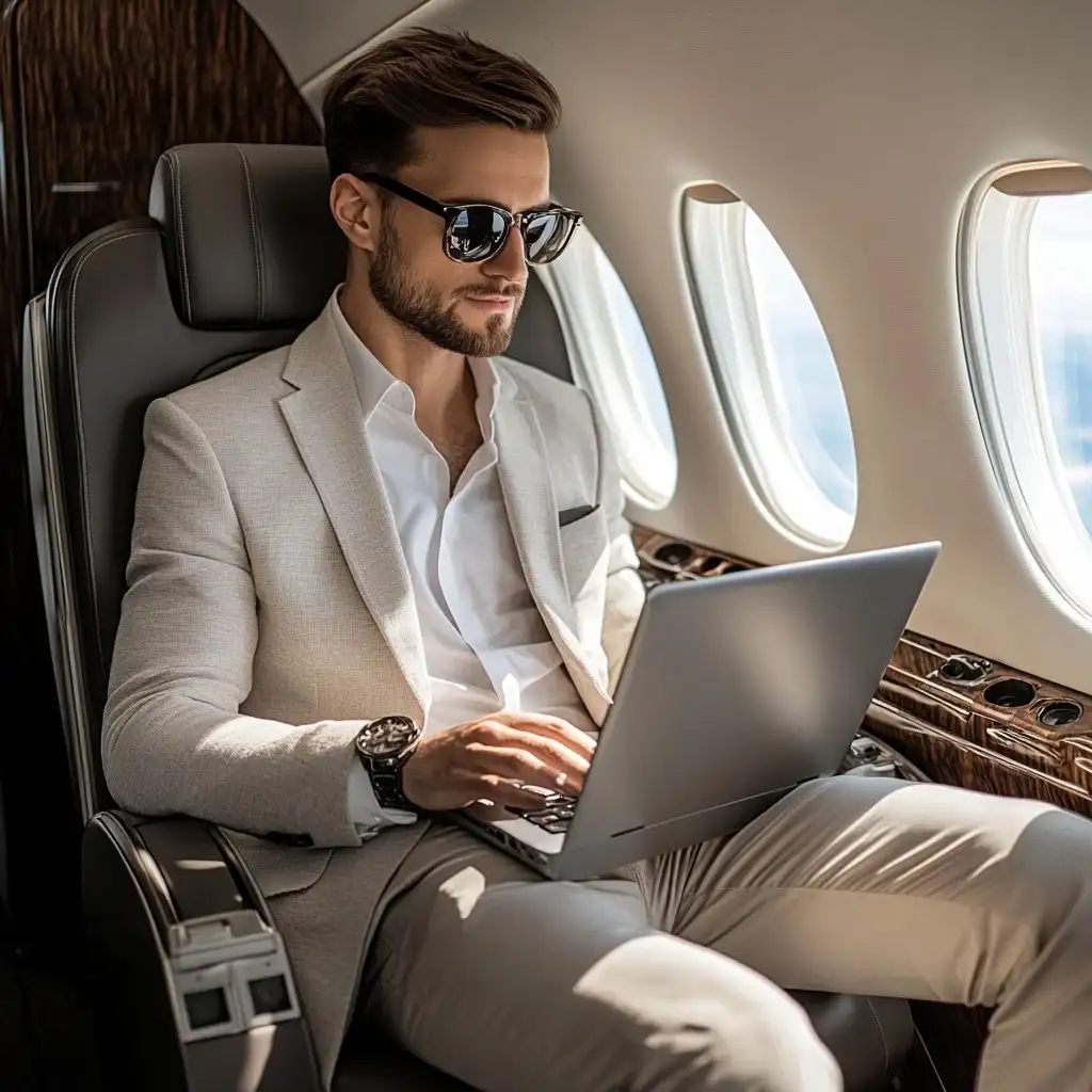 Custom luxury aircraft business man seating by window