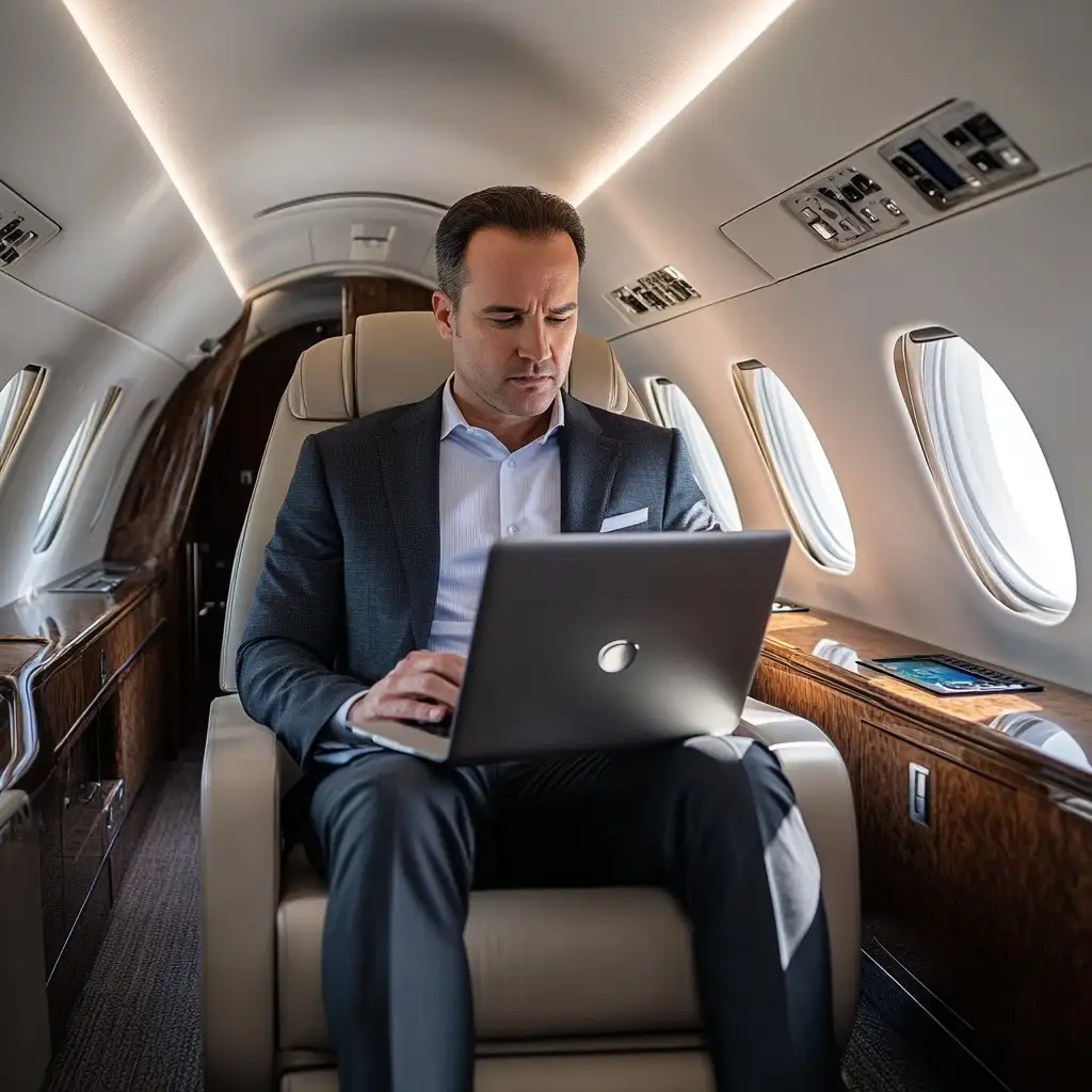 aircraft interior business man on his laptop