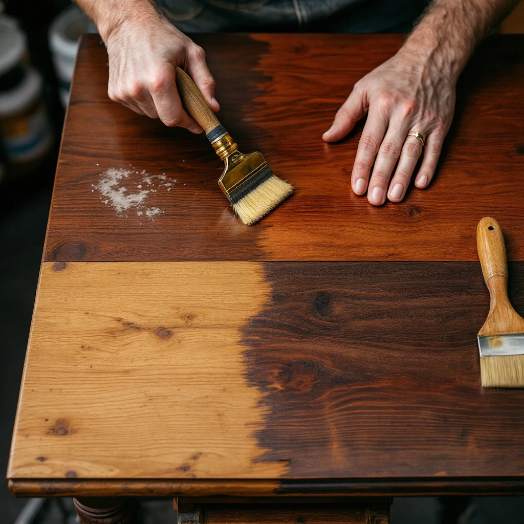 Close‑up of an antique wooden furniture piece during the restoration process, showing detailed surface repair work.