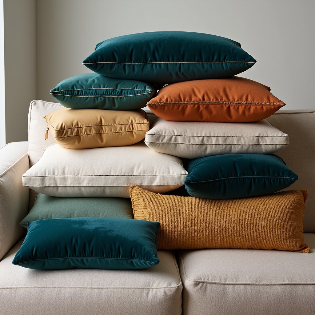 Stack of decorative pillows in mixed colors and textures arranged on a sofa, illustrating decorative cushion replacement options.
