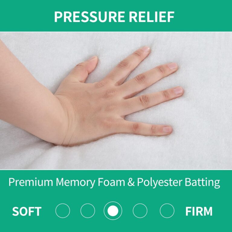 Hand pressing into a memory‑foam cushion to demonstrate pressure relief and medium firmness.
