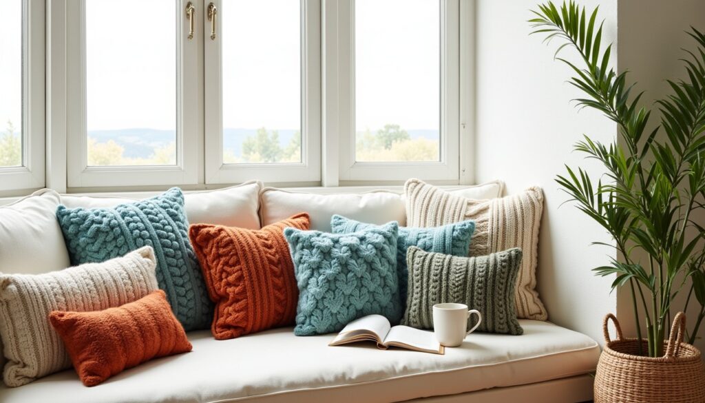 Window‑seat banquette with a tufted cushion and colorful decorative pillows arranged on top.