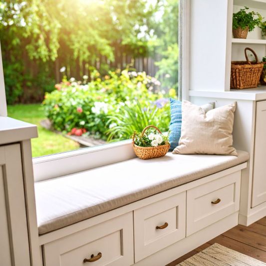 Built‑in window seat with a cushioned bench, pillows, and a garden view.
