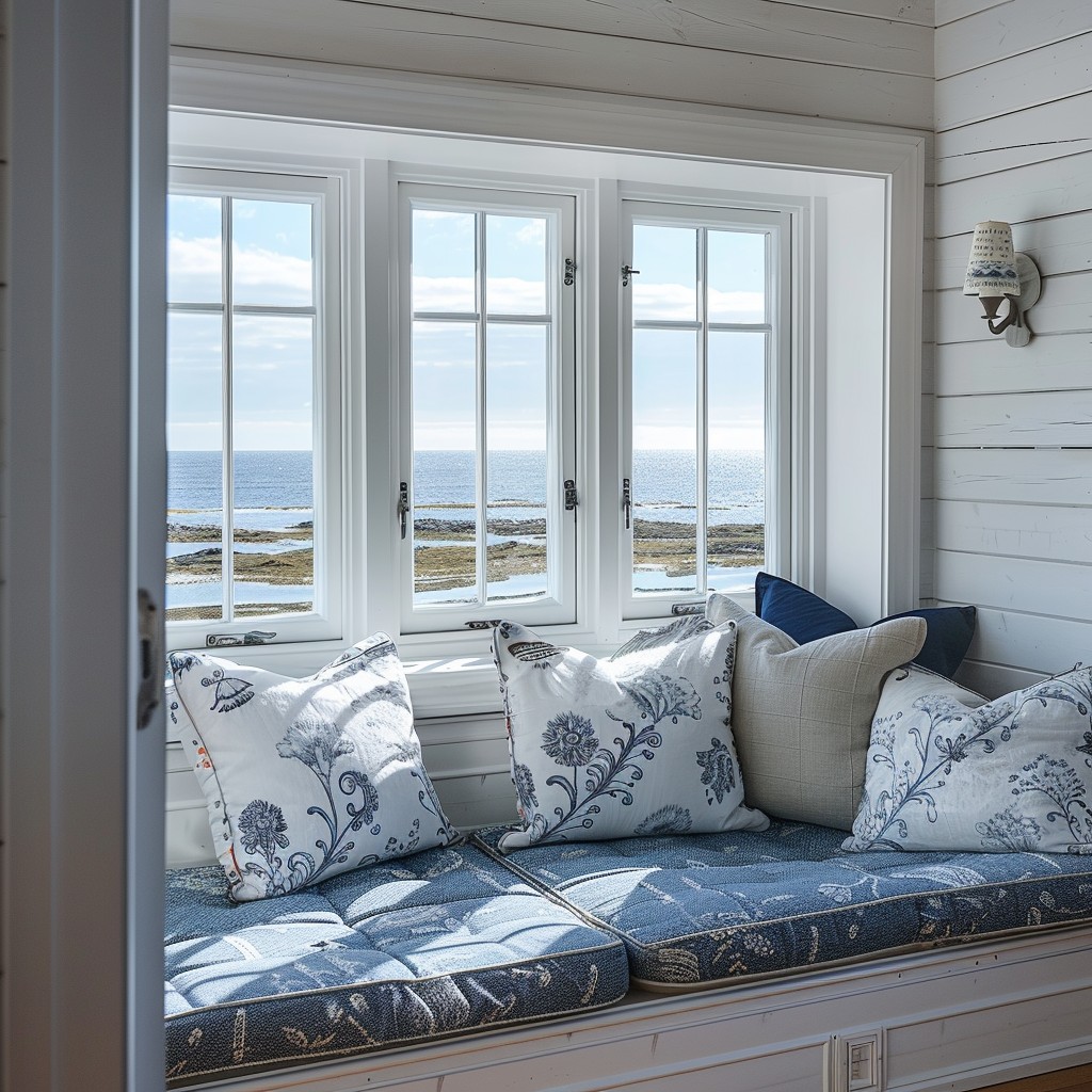 Custom window‑seat cushion with coordinated decorative pillows in a coastal home interior.