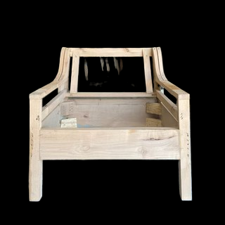 Unfinished wooden chair frame with a rectangular seat base, curved arm supports, and a slatted backrest.