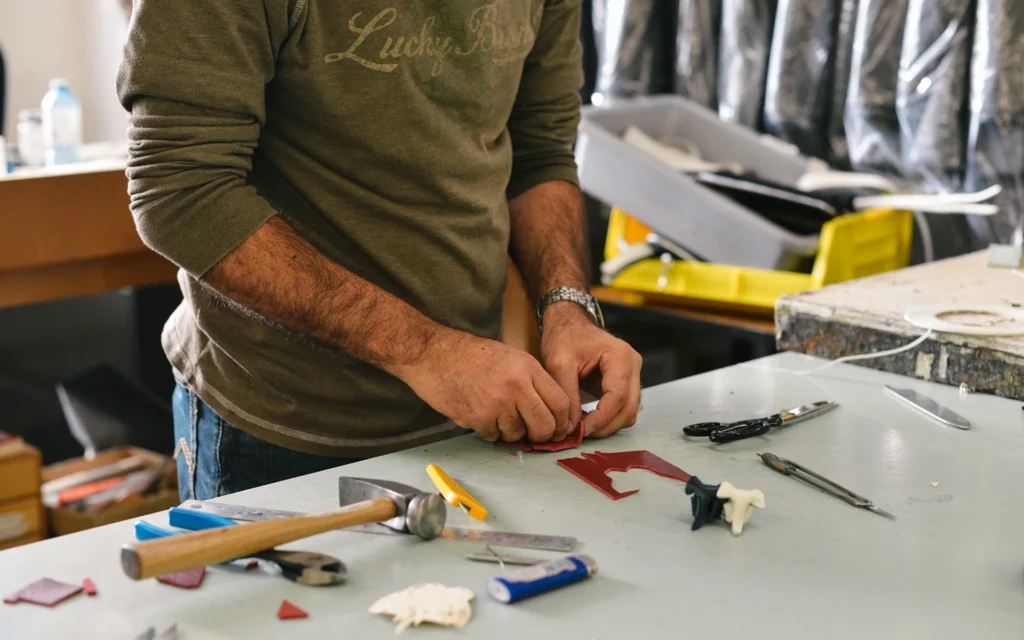 Technician using hand tools to repair a leather piece on a work table.