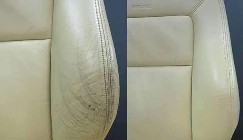 Side‑by‑side comparison of a worn leather car seat before restoration and the same seat after repair.