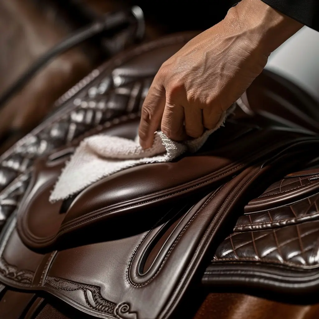 Hand polishing a dark leather saddle with a white cloth, showing stitching and embossed details.