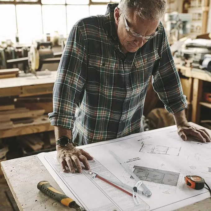 Office staff reviewing project drawings at the table before starting the woodworking process.