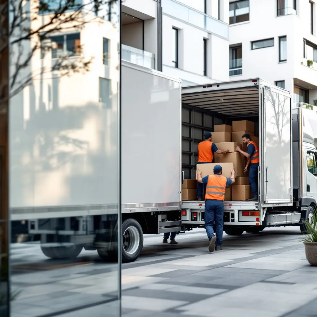 White delivery truck parked on a residential street during furniture unloading