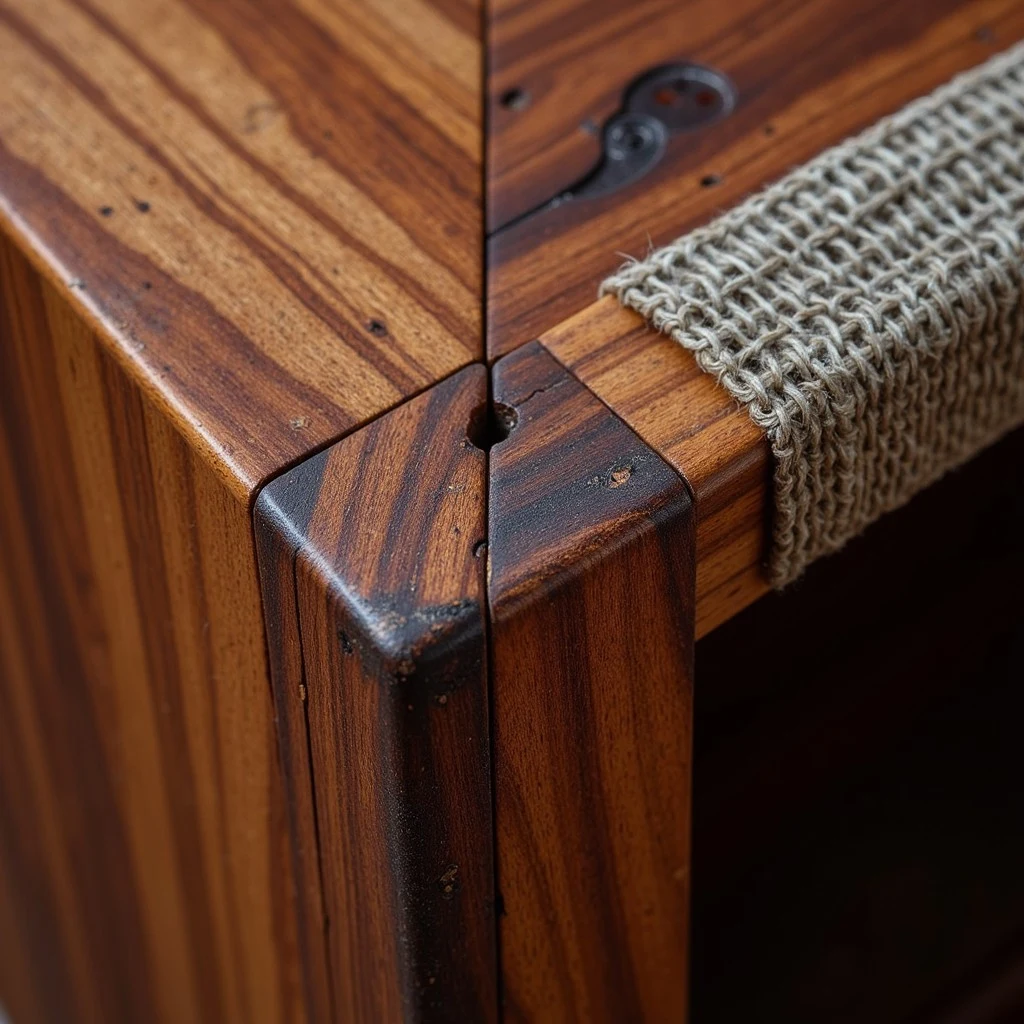 Closeup of a wooden furniture corner with visible grain patterns, small surface imperfections, and a strip of woven fabric along one edge.