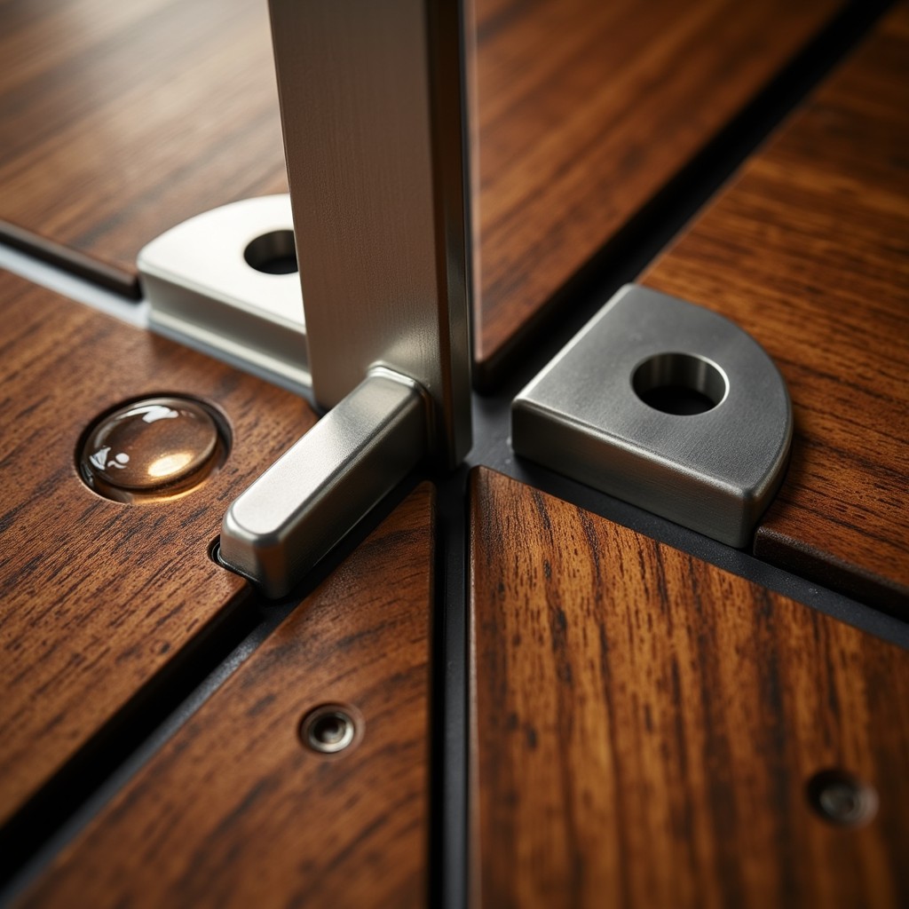 Closeup of a wooden surface with visible grain, brushed metal hardware, screws, and a small liquid droplet.