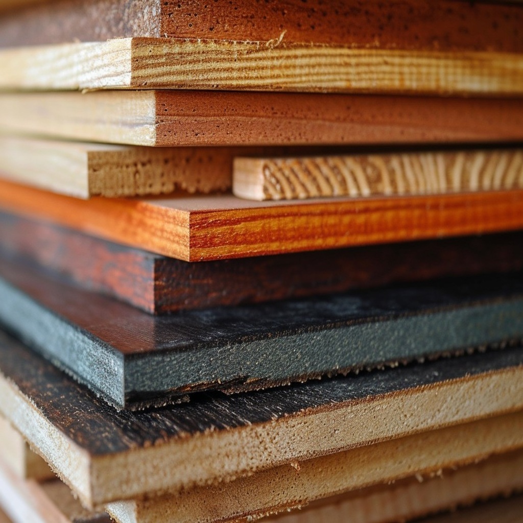Stacked engineered wood panels showing different colors, grains, and layered constructions.