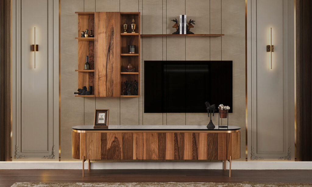 Modern living room media wall with a mounted TV, wooden console, wall shelves, and decorative lighting.