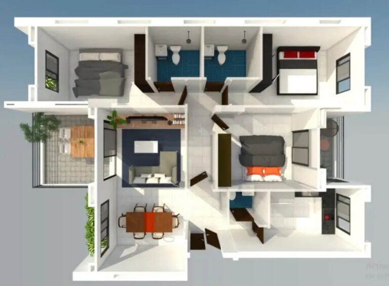 3D apartment floor plan showing bedrooms, living area, kitchen, bathrooms, dining space, workspace, and balcony layout.