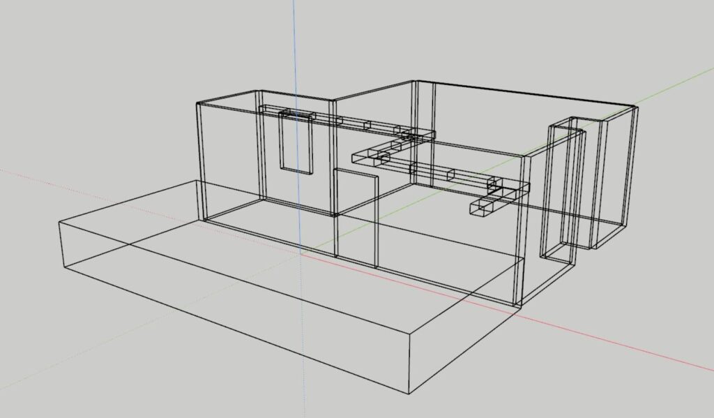 Wireframe 3D CAD model showing walls, openings, and structural elements of a building layout.