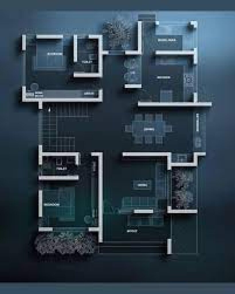 3D architectural floor plan showing room layouts, walls, doors, furniture placement, and surrounding landscape elements.