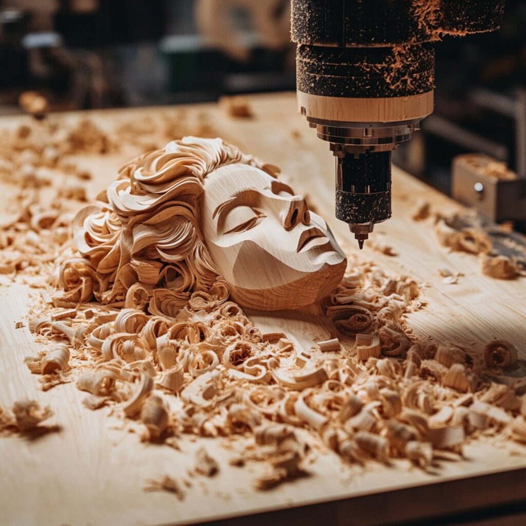 CNC machine carving a detailed wooden face sculpture, with the spindle cutting and wood shavings on the work surface.